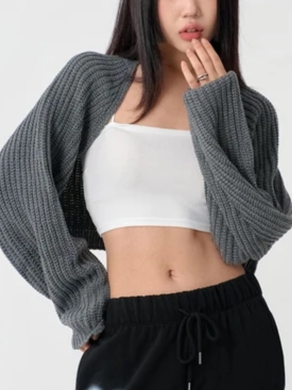Dplus Studio Cropped Gray Ribbed Knit Shrug Sweater